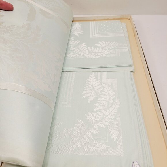 Vtg Linen damask Aqua Tablecloth Napkins Alico Fern Bouquet 52 x 52 Combed Yarn - Picture 5 of 6